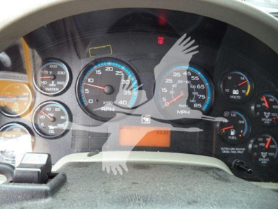 Dashboard gauges of a 2019 International Durastar 4300 dump truck showing RPM, speedometer, and various diagnostic gauges.