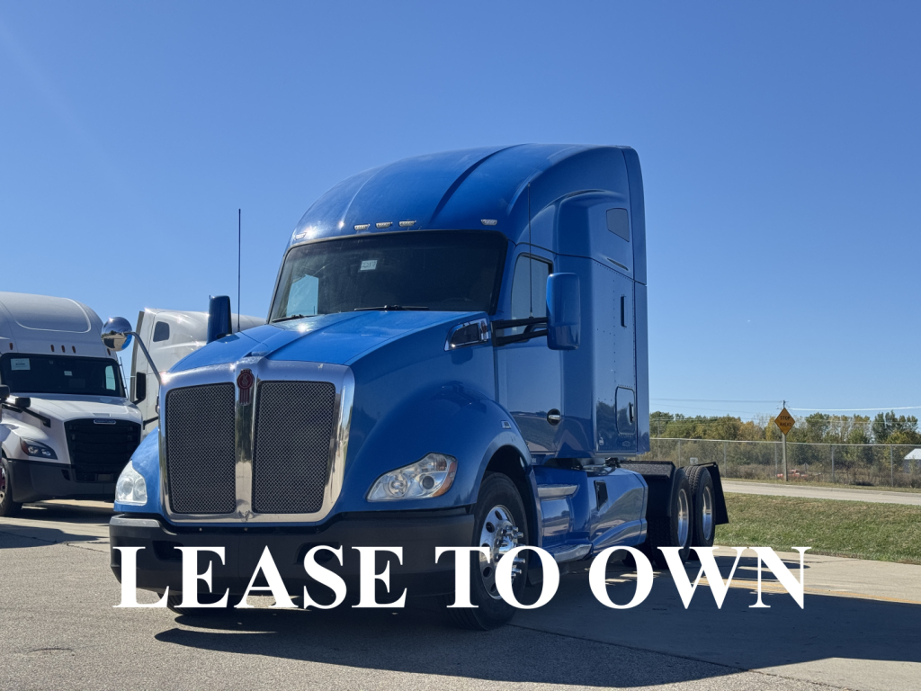 Kenworth T680 tractor in blue front view showing grille and headlights with a 'LEASE TO OWN' banner across the image.