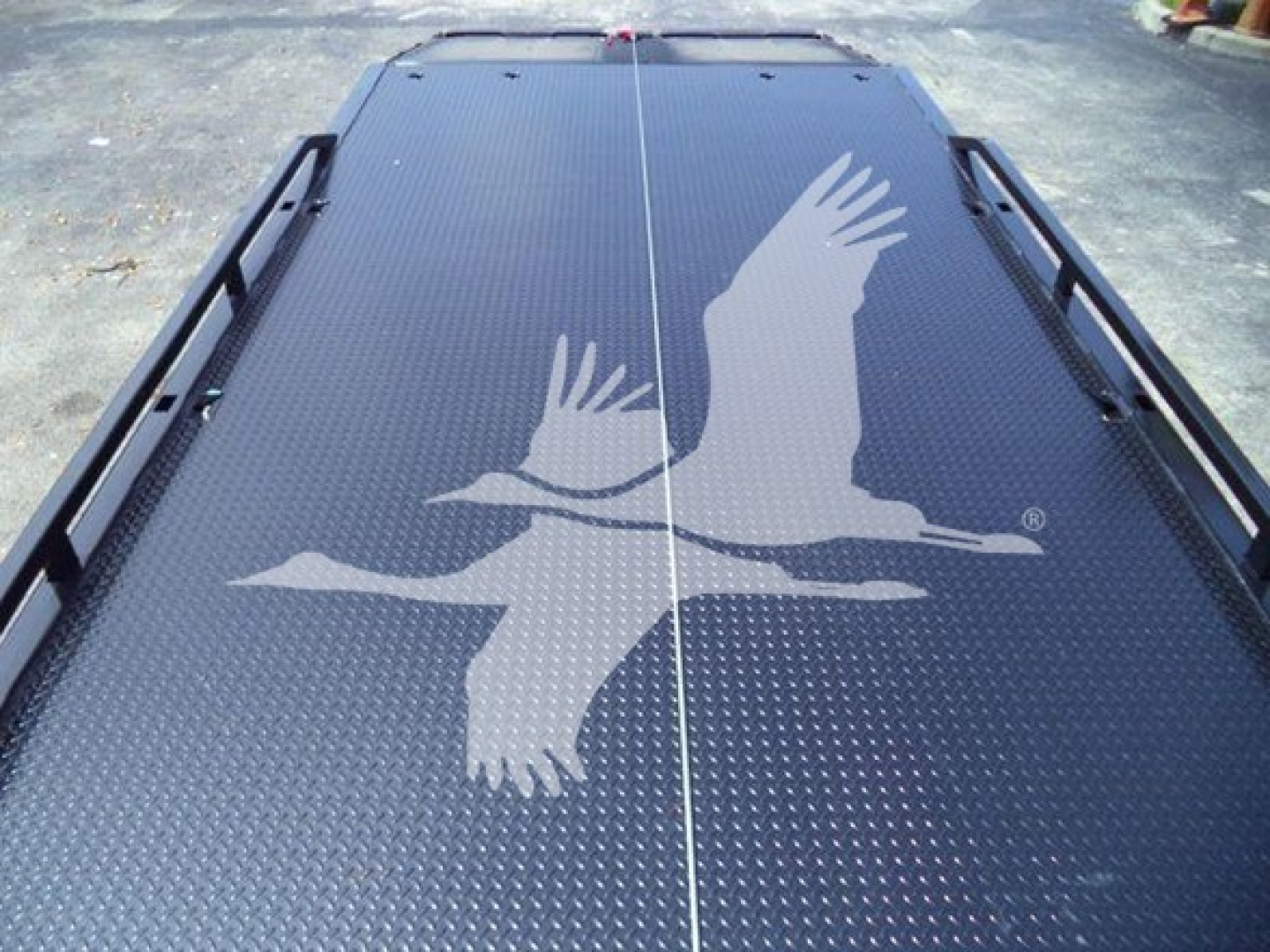 Flatbed truck bed with diamond plate surface and cutout rails; top view shows Freightliner branding on load bed with a white graphic of flying birds.