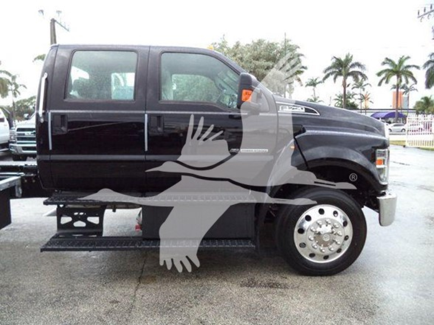 Ford F-750 rollback truck side view showing black cab and dual rear wheels with chrome hubcaps, side step, and branding on front fender.