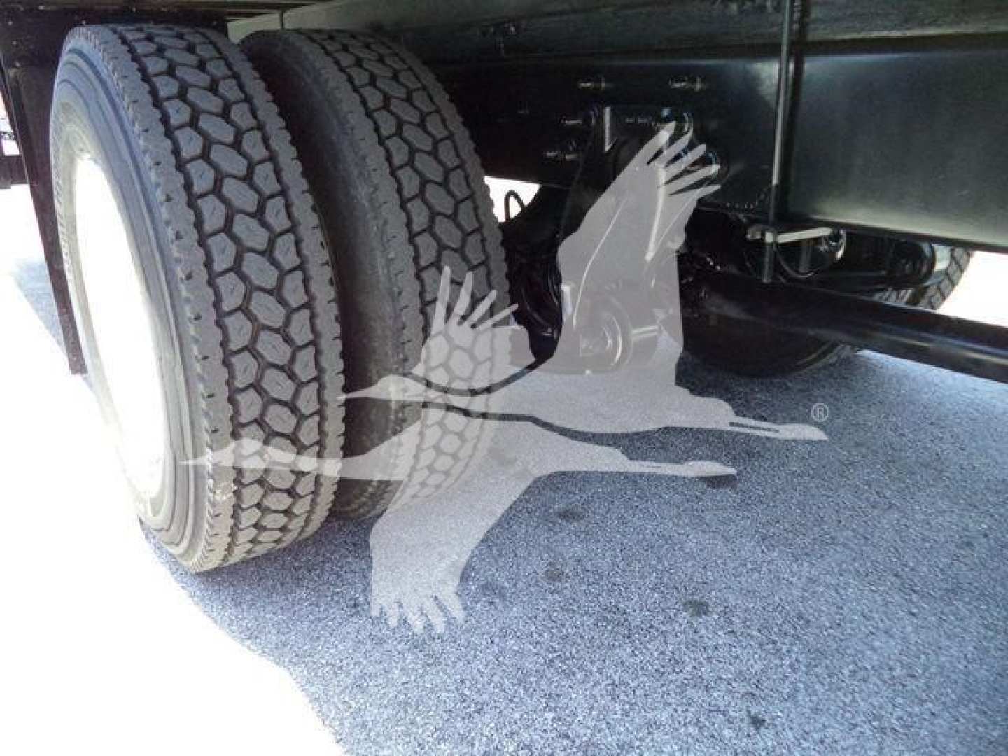 Dual rear wheels and undercarriage of a 2019 International Durastar 4300 truck showing twin tires and underbody components.