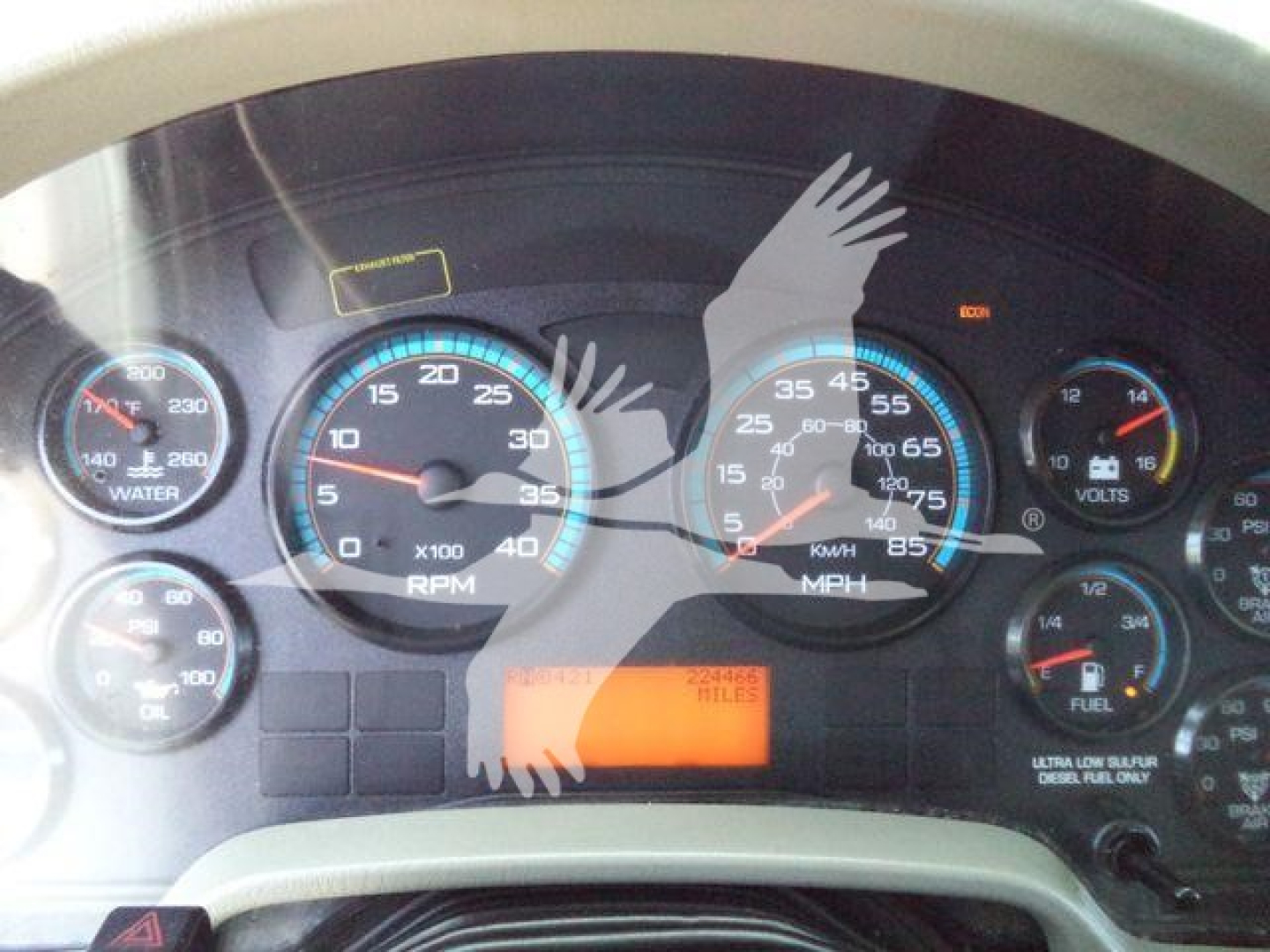 Dashboard of a 2019 International Durastar 4300 showing multiple analog gauges, including RPM, speed, water temp, voltmeter, fuel, and warning lights; orange digital display unreadable.