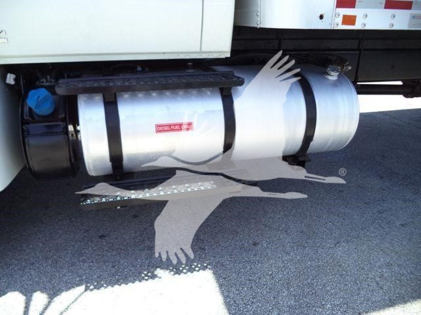 Diesel fuel tank mounted under International Durastar 4300 truck with safety strap and side step visible.