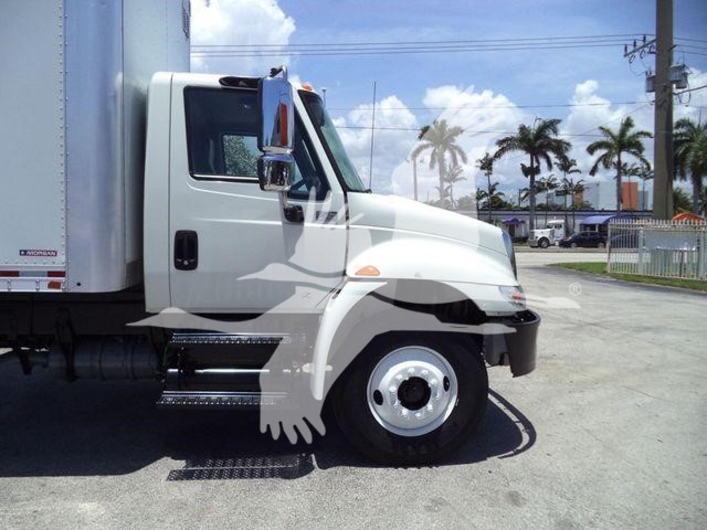 Truck cab of a 2019 International Durastar 4300 seen in side view showing front wheel and door area.