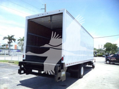 Box truck back and side view showing cargo area of a 2019 International Durastar 4300 with open rear doors.