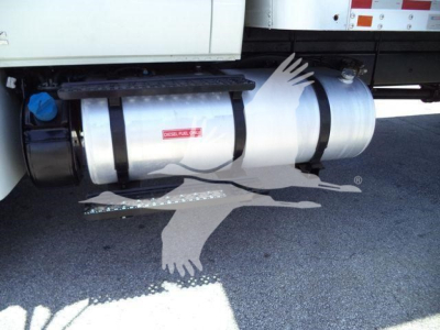 Diesel fuel tank mounted under International Durastar 4300 truck with safety strap and side step visible.
