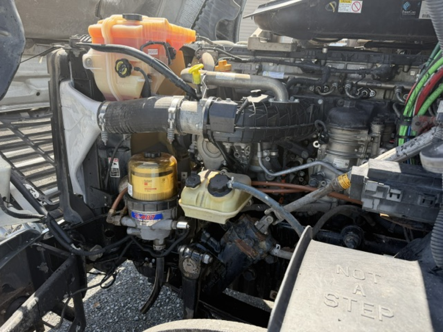 Freightliner Cascadia engine bay showing orange coolant reservoir, yellow oil filter, and various hoses and electrical components.
