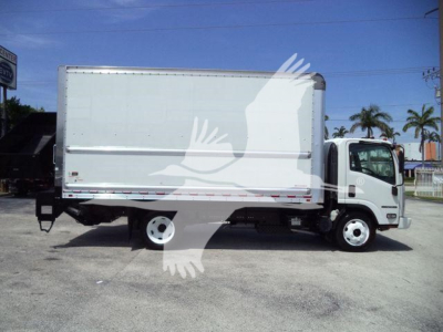 Isuzu NPR HD box truck side view showing cargo box and cab.