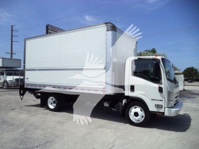 Isuzu NPR HD box truck showing cargo box and cab with white exterior; side view with front grille, wheel, and rear cargo compartment.