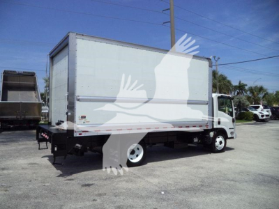 Isuzu NPR-HD box truck viewed from side-rear showing cargo box and cab with white exterior and dual rear wheels.