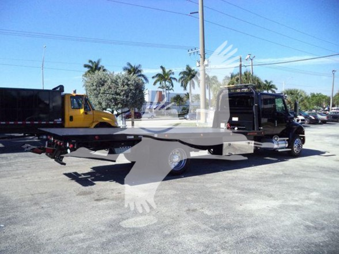 International MV rollback tow truck with a lowboy trailer, side view showing cab and chassis, blue sky, palm trees in background.