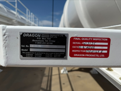 Trailer frame label: DRAGON brand plate with model/serial numbers and a red final quality inspection sticker. Visible text includes DRAGON PRODUCTS LTD, P.O. Box 790, Beaufort, etc., and a serial number field.