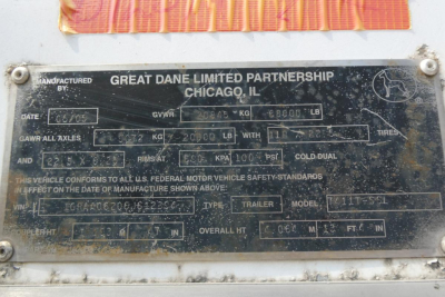 Great Dane trailer manufacturer's plate with VIN 1GRAA06206J612394, GVWR 11000 LB, GAWR all axles 7000 LB, tires, rims, and model/trailer data. Plate shows Manufactured by Great Dane Limited Partnership Chicago IL, date 05/01, other specs f