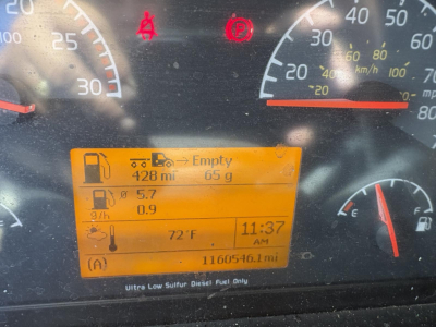 Volvo 770 dashboard display showing fuel/empty indicators, temperature 72°F, time 11:37, 11605.6 miles, Ultra Low Sulfur Diesel fuel only label.