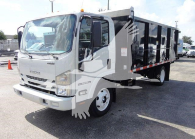 Isuzu NPR-HD dump truck in serviceable condition with white cab and black dump body, side view showing cargo bed and wheel