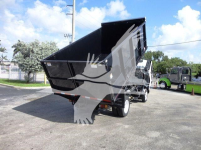 Isuzu NPR-HD dump truck bed raised showing hydraulic system and rear view with tailgate and wheels visible.