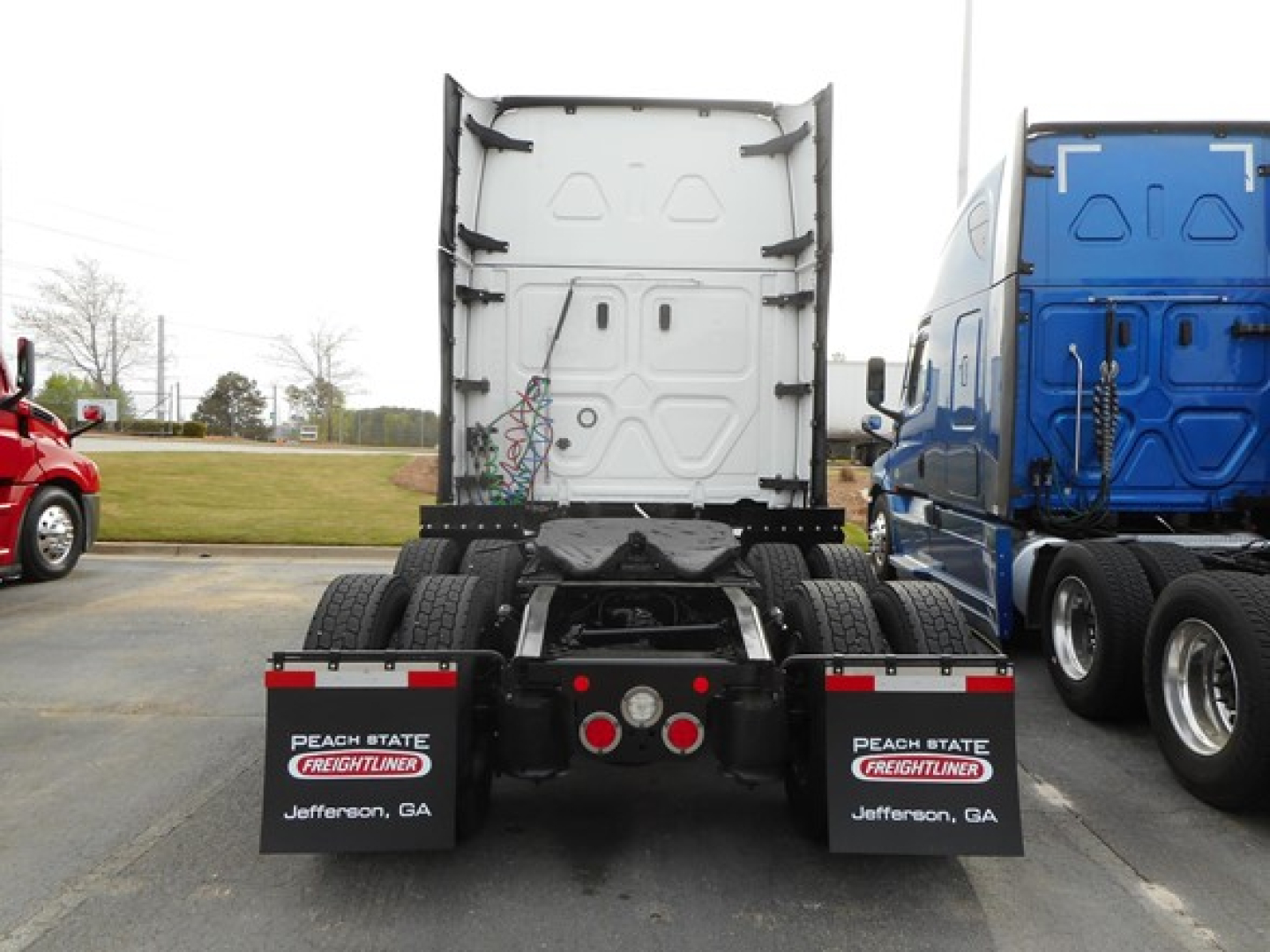 Rear view of a Freightliner Cascadia truck tractor with dual rear wheels and mudflaps reading Peach State Freightliner Jefferson, GA.