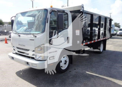 Isuzu NPR-HD dump truck in a dealership lot, cab-side view showing white cab and black dump body with reflective safety stripes.