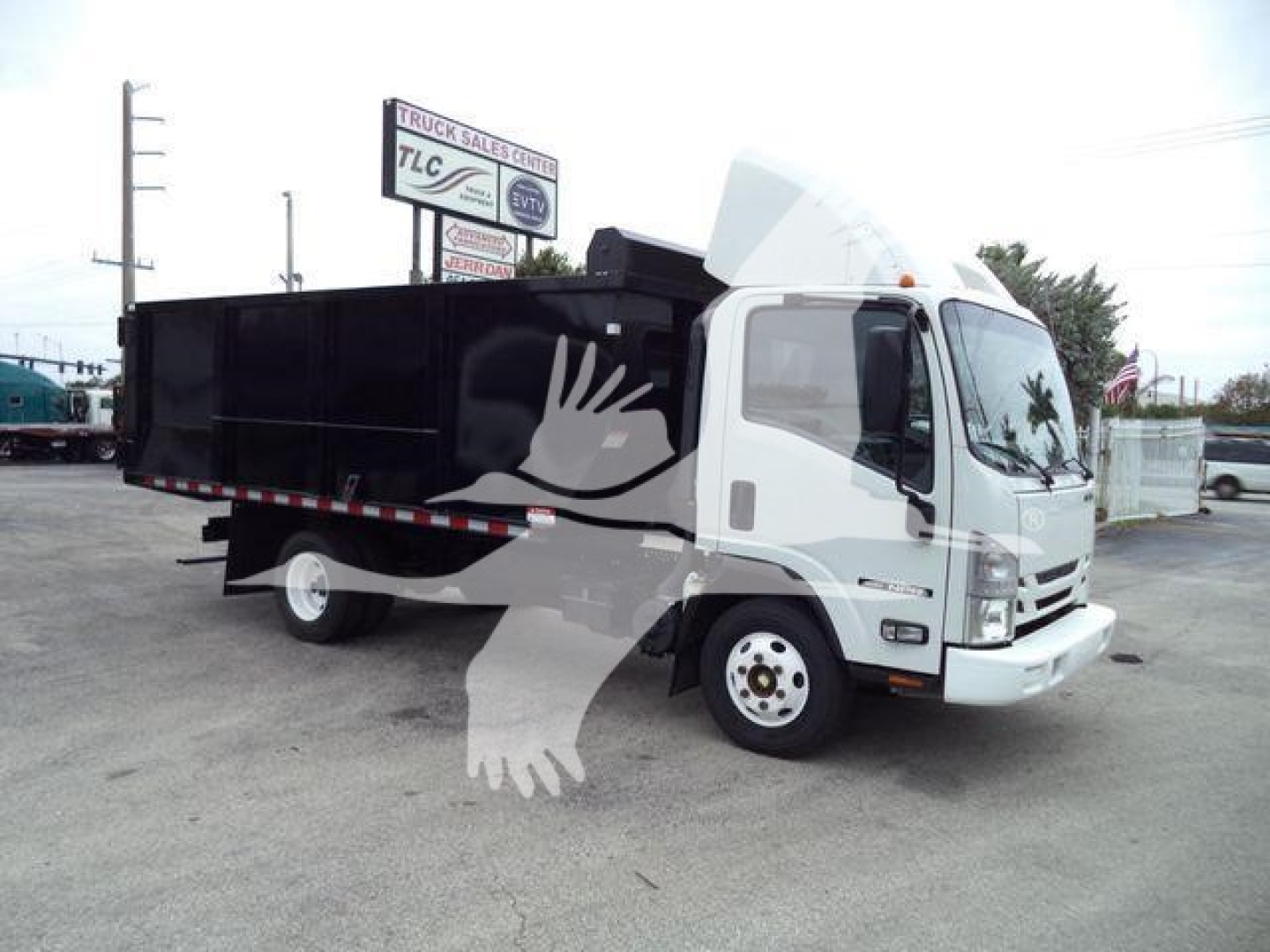 Isuzu NPR dump truck side view showing black dump body and white cab with windshield sun visor.