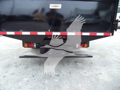 Isuzu NPR dump truck rear showing tailgate, bumper, and rear lights with a red-and-white reflective stripe across the back.