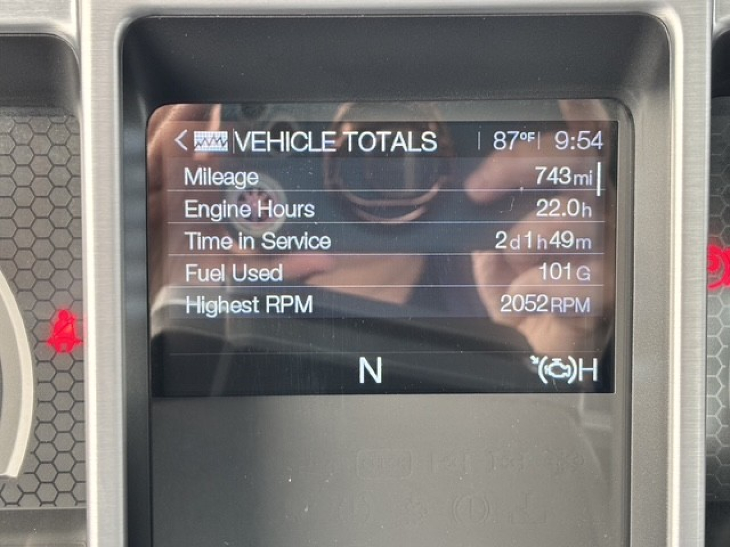 Vehicle totals screen in new Mack GR64B showing mileage 743 mi, engine hours 22.0 h, time in service 2 d 1 h 49 m, fuel used 101 c,l highest RPM 2052, N gear.
