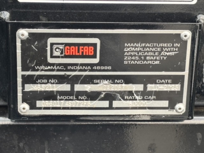 Label plate on equipment showing Galfab logo, manufactured in compliance with standards, serial and job numbers, model and date fields, Windemac Indiana location.