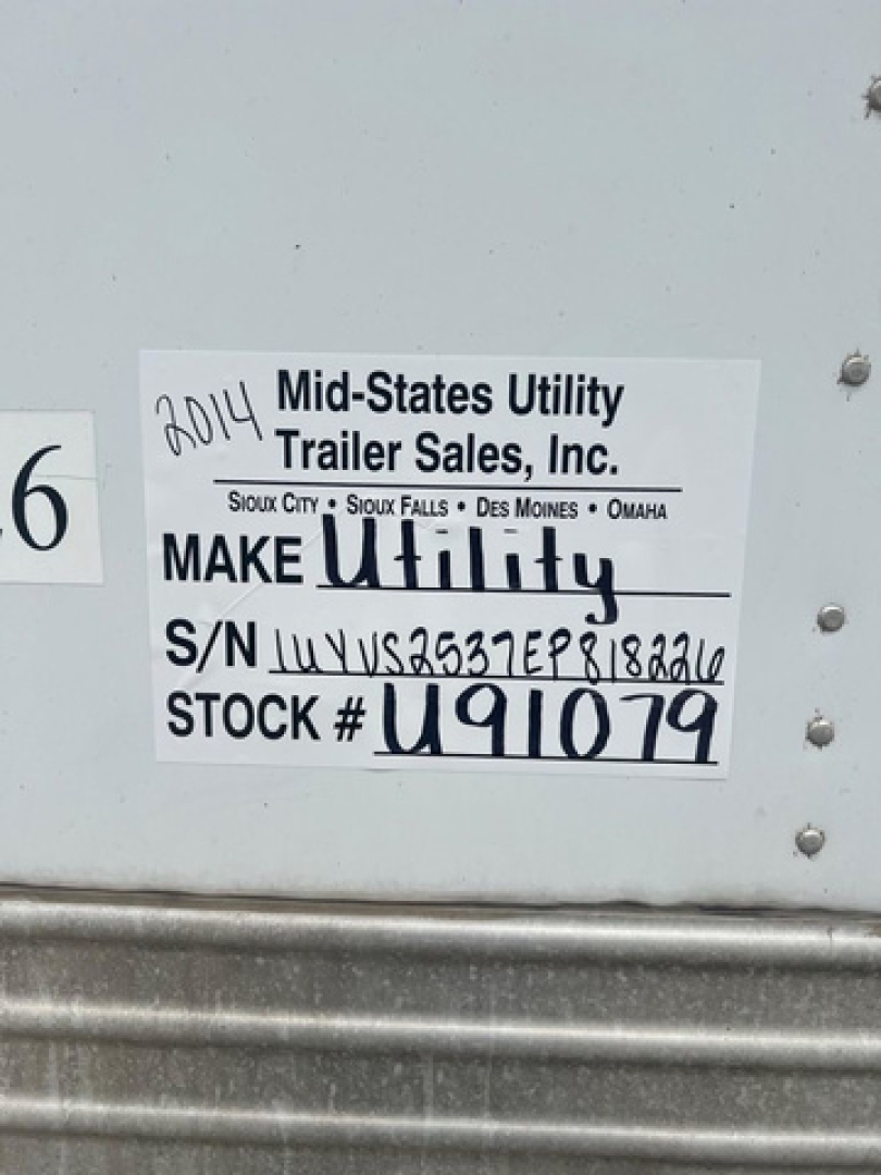 Sticker on trailer showing Make Utility, S/N 1UYVS2537EP818226, STOCK # U91079, MID-STATES UTILITY TRAILER SALES, INC. with 2014 handwritten year.