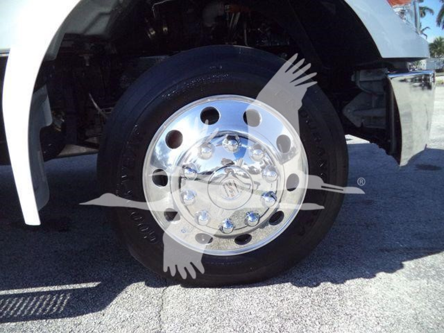 Truck wheel and chrome hubcap front view showing large steel wheel and tire on Kenworth truck.