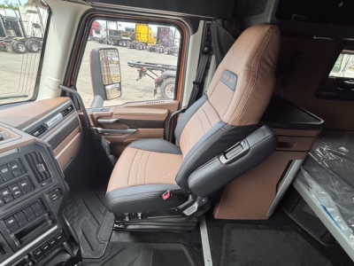 Truck cab interior showing tan and black driver seat with armrest, steering area, and sleeper compartment behind. CAB view from left side door.