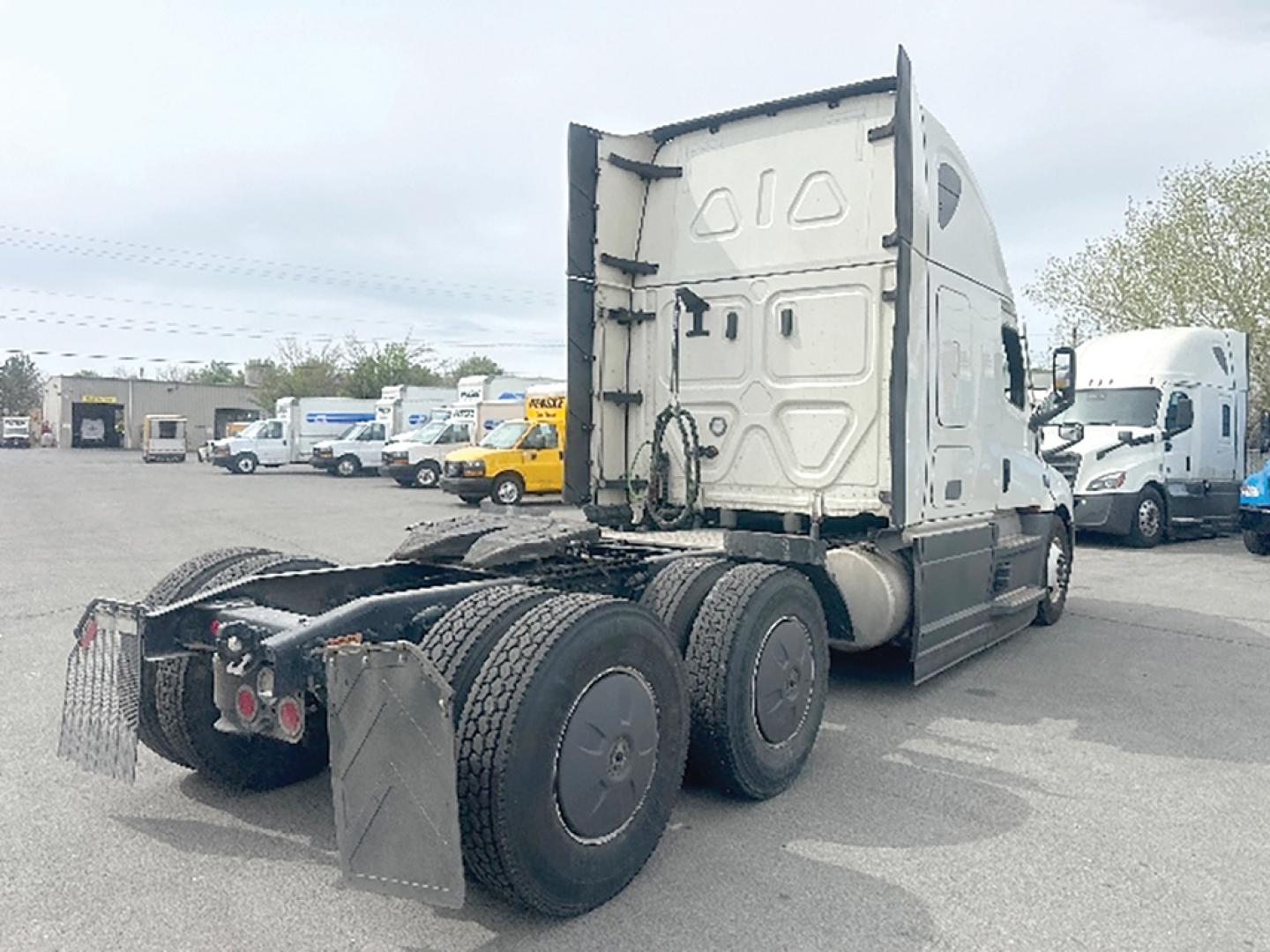 Freightliner Cascadia126 tractor cab and rear wheels in a truck lot showing sleeper cab and chassis. Visible tires and rear mud flaps.