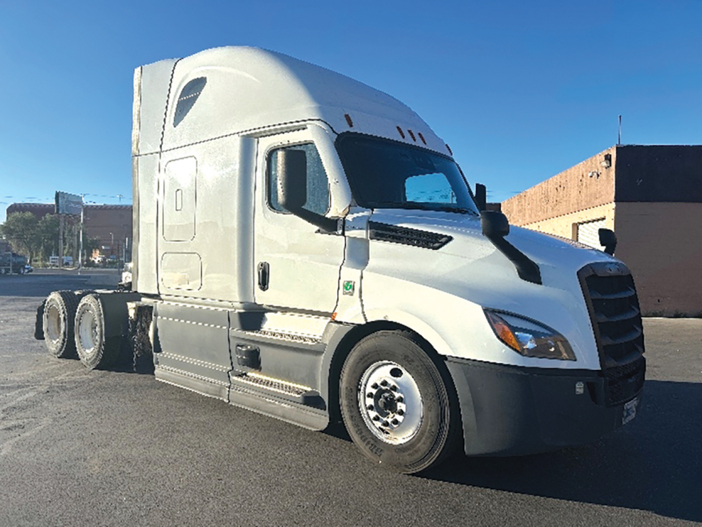 Truck showing Freightliner Cascadia126 sleeper cab with white exterior and dual rear axles.