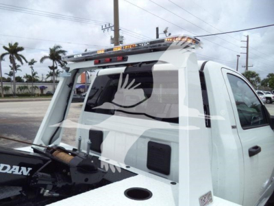 Rear view of a white Ram 4500 truck with a winch system, high-mounted aftermarket light bar, and windowed rear cab area; visible text includes 'DAN' on the winch component and a palm tree reflected in the window.