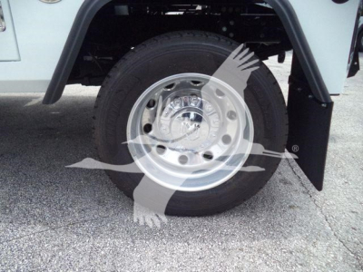 Wheel and tire assembly of a Ram 4500 truck showing a polished steel wheel and tire with fender near hubcap; watermark overlay of a bird logo. No other legible text visible.