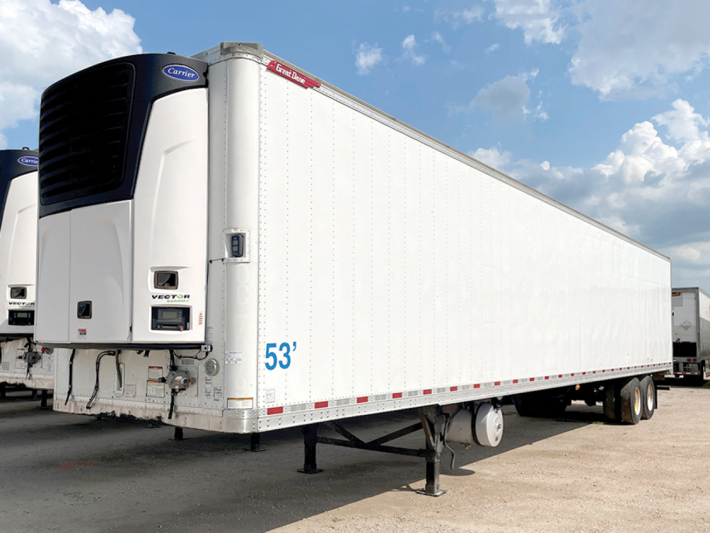 Great Dane refrigerated trailer showing front cab area and side text '53'' with reefer unit visible.