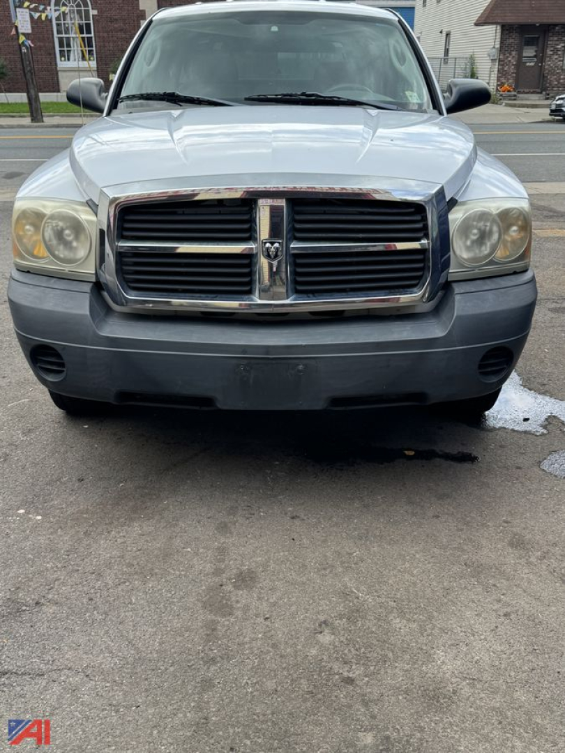 Front view of a 2006 Dodge Dakota pickup with a cap, chrome grille, and foggy headlights; gray bumper; slightly wet driveway and houses in background.
