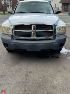 Front view of a 2006 Dodge Dakota pickup with a cap, chrome grille, and foggy headlights; gray bumper; slightly wet driveway and houses in background.