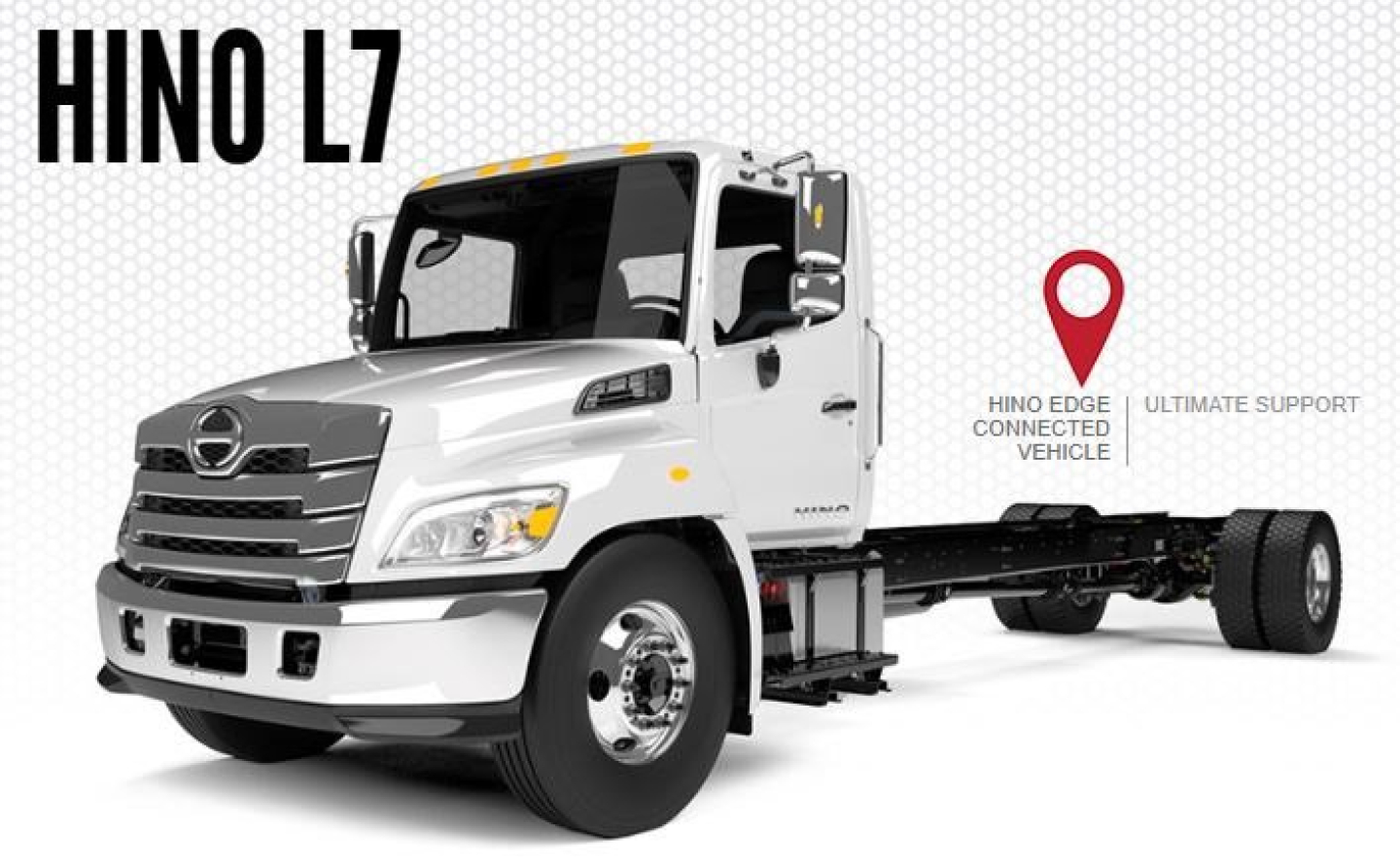 Truck cab chassis showing Hino L7 model branding and chassis rails with front grille and cab mirror details.