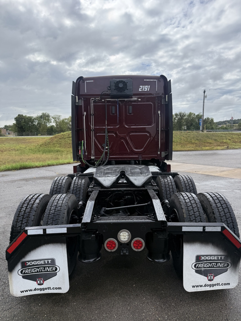 Freightliner Cascadia126 truck rear view showing dual rear axles and mud flaps with Doggett Freightliner branding and rear lights.