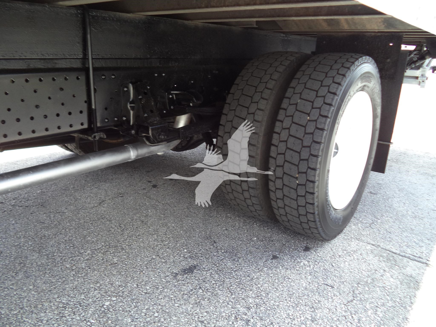 Isuzu NPR HD rear dual wheels and undercarriage showing suspension components and frame.