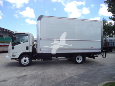 Isuzu NPR-HD box truck side view showing cargo box with graphic hawk/angel emblem and cab in front.