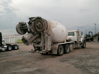 Mixer truck rear view showing cement mixer drum and truck chassis. No legible model text visible.