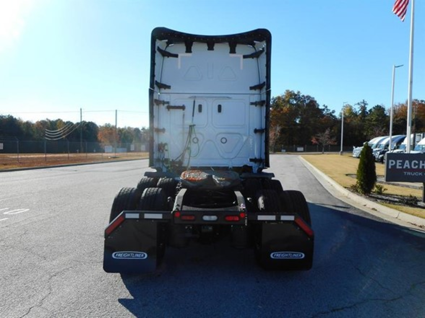 Freightliner Cascadia 126 chassis rear view showing dual rear mud flaps with Freightliner logo and fifth wheel area.