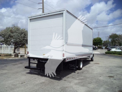 Ford E-450 box truck rear view showing large cargo box, rear doors, and bumper with black undercarriage; no legible small text visible on panels.