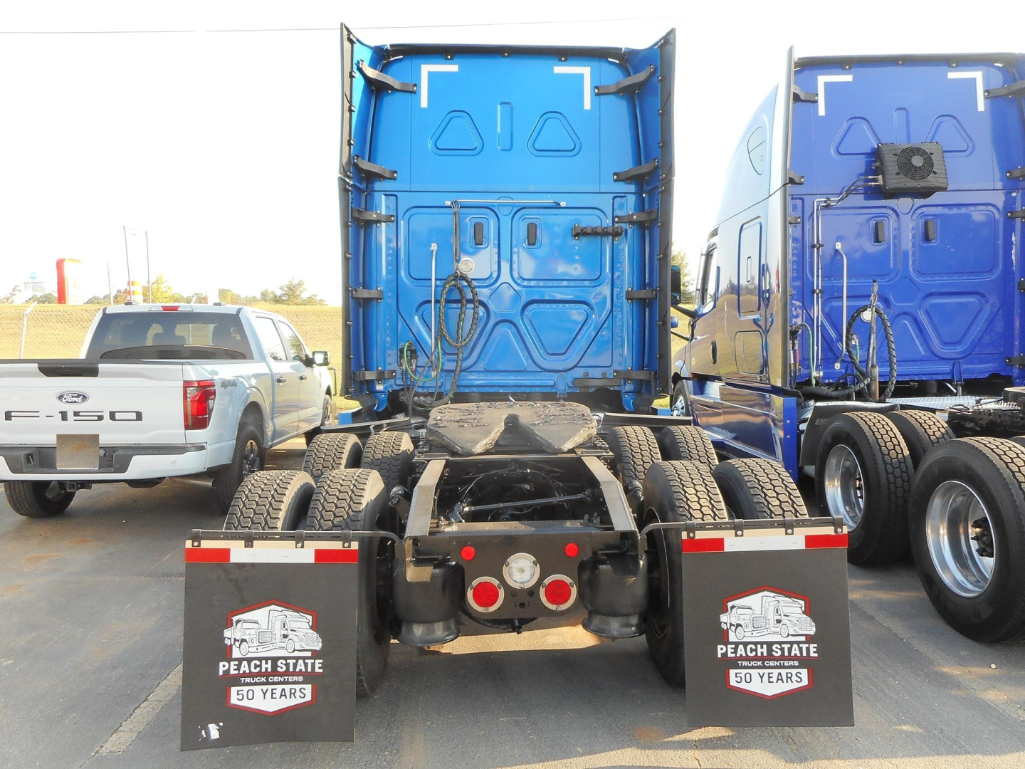 Truck trailer rear view showing tandem axles and fifth wheel with mud flaps reading Peach State 50 Years.