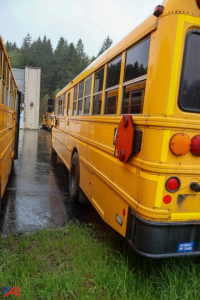 School bus CE Series rear-right view showing yellow body, red spare wheel cover, and taillights.