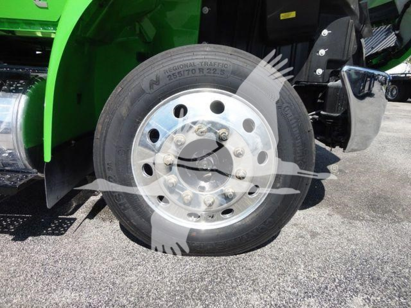 Front wheel of a green International MV truck showing a large silver steel rim and tire with visible lug nuts and part of the front fender.
