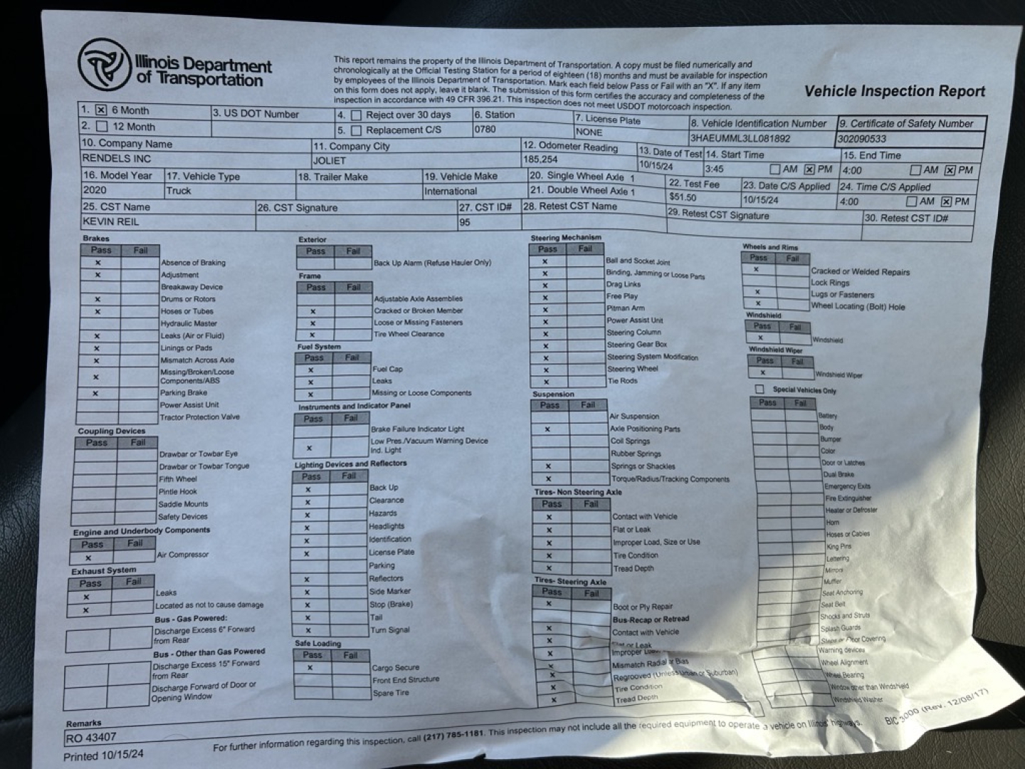 Vehicle inspection report sheet with fields and checkboxes for a 2020 International MV box truck. Includes VIN 3HAEUMML3LL081892, inspection data boxes, and various vehicle attribute sections.