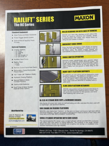 Maxon Railift Series information sheet showing charts for roller bearings, emergency brake, single switch operation, heavy-duty platform supports, slide lock platform remains, and other features.