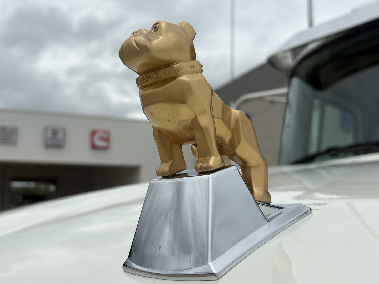 Truck hood ornament of a dog statue on the Mack PI64T with a chrome base