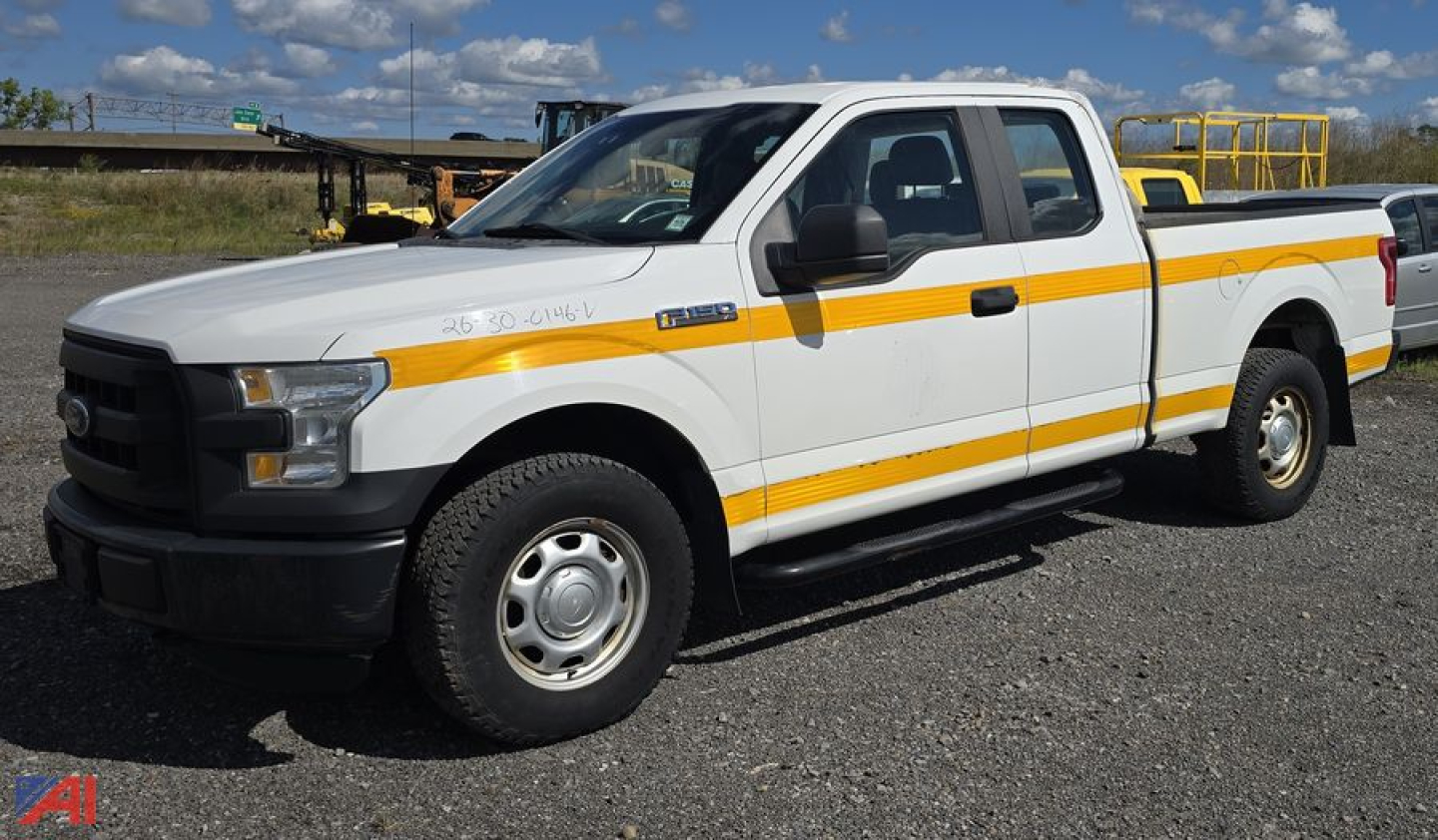 Ford F-150 pickup truck 4x4 crew cab white with orange reflective stripe and bed utility tailgate